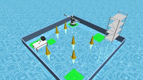 The IOAI team challenge arena in MuJoCo with the robot, cones, shelf and goal zones